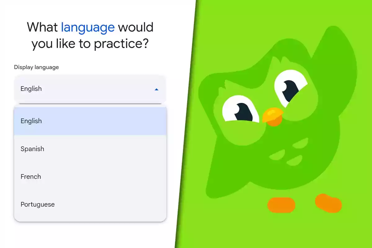 Pantalla de selección de idioma en una aplicación de aprendizaje de idiomas con la mascota verde de Duolingo a la derecha y opciones de idioma como inglés, español, francés y portugués a la izquierda