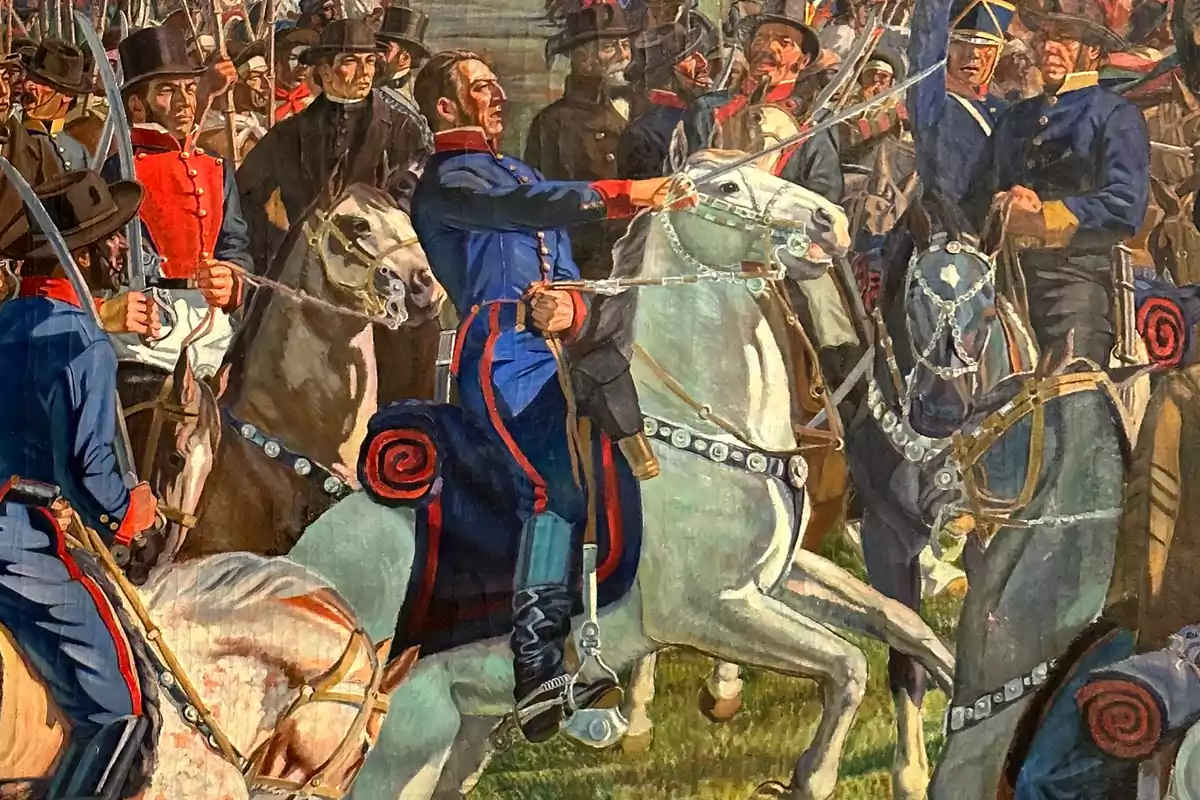 Pintura que muestra a un grupo de soldados montados a caballo, vestidos con uniformes militares de época, en actitud de marcha o preparación para la batalla