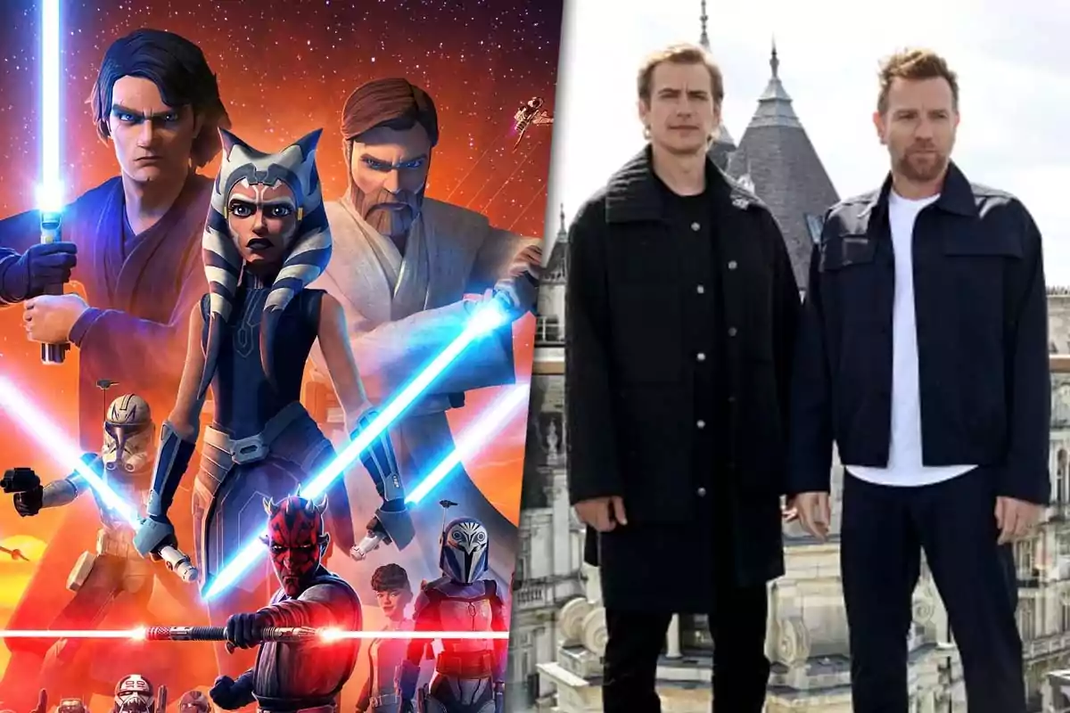 Image split into two parts: on the left, animated Star Wars characters with lightsabers; on the right, two actors standing on a terrace with buildings in the background.