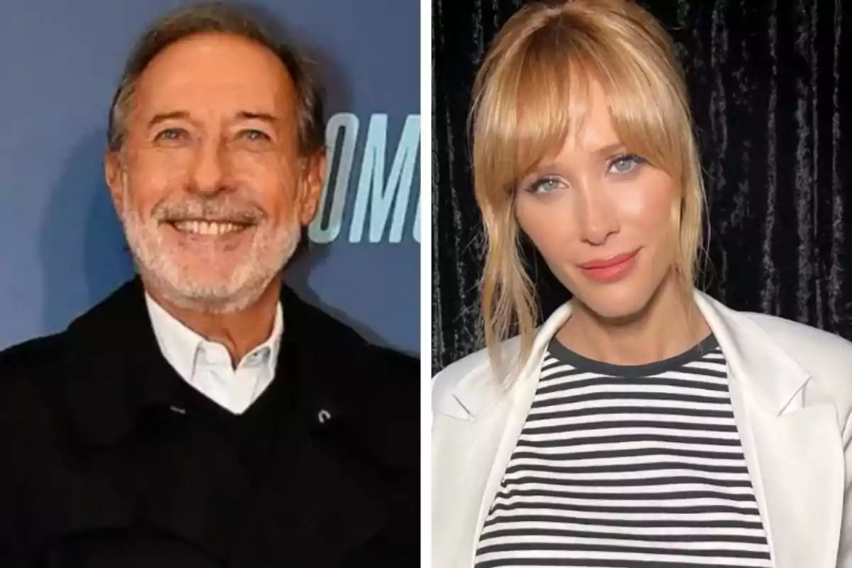 Un hombre de cabello canoso y barba sonríe frente a un fondo azul mientras una mujer rubia con flequillo y chaqueta blanca posa frente a un fondo oscuro