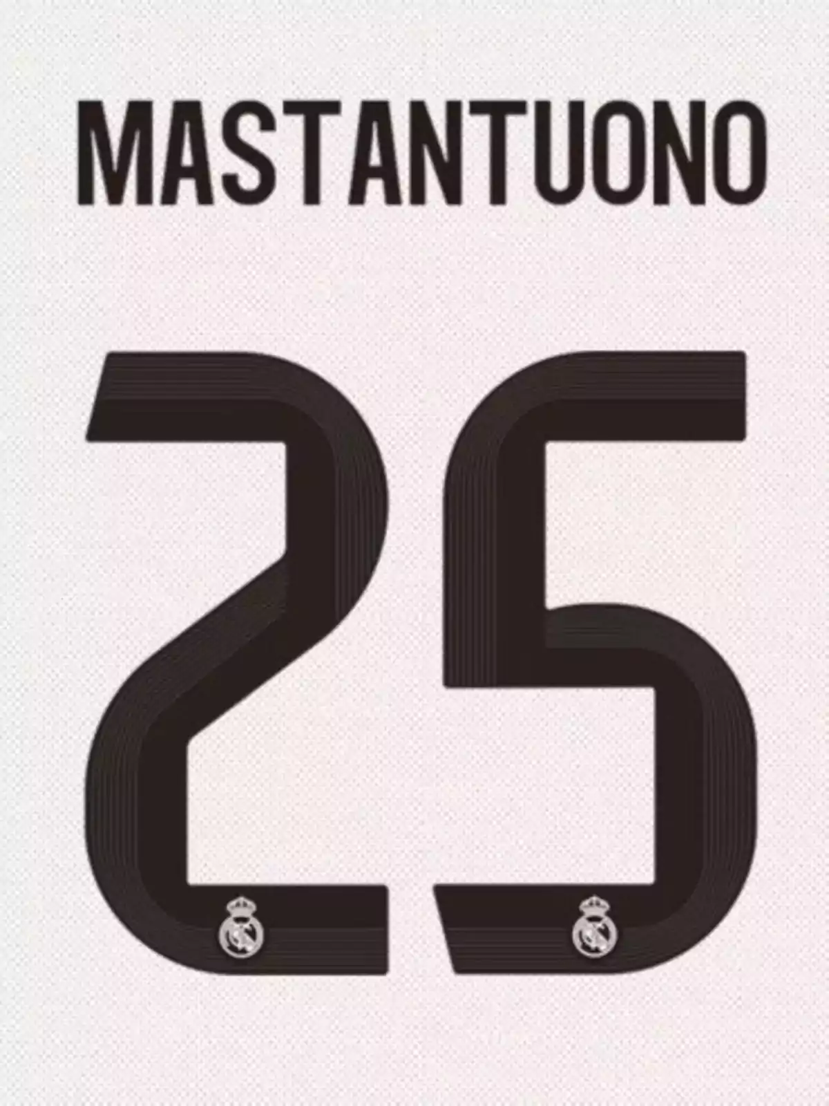 White t-jersey with the name Mastantuono and the number 25 in large black letters, both in black, with the Real Madrid crest below the numbers. White t-jersey with the name Mastantuono and the number 25 in large black letters, both in black, with the Real Madrid crest below the numbers.