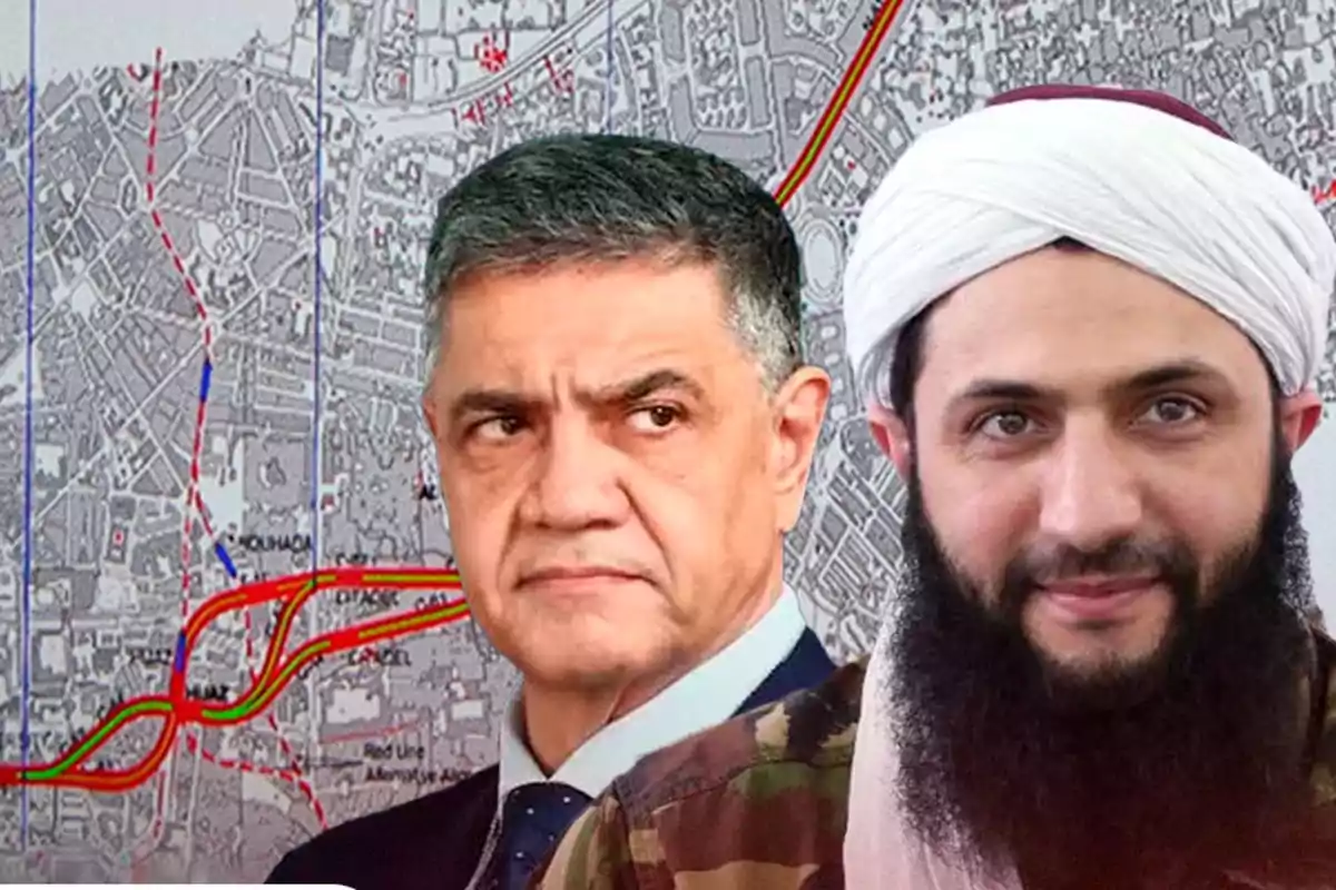 Dos hombres en primer plano uno con traje y otro con turbante y barba al fondo un mapa urbano detallado