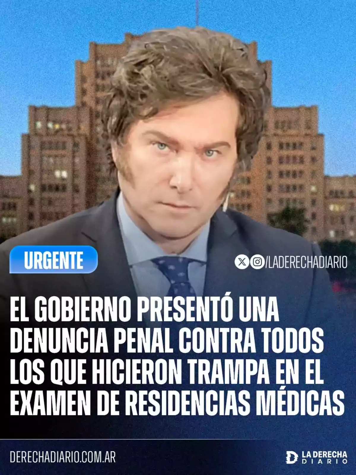 Hombre de cabello castaño con expresión seria frente a un edificio, acompañado de un texto que informa sobre una denuncia penal del gobierno contra quienes hicieron trampa en el examen de residencias médicas Hombre de cabello castaño con expresión seria frente a un edificio, acompañado de un texto que informa sobre una denuncia penal del gobierno contra quienes hicieron trampa en el examen de residencias médicas