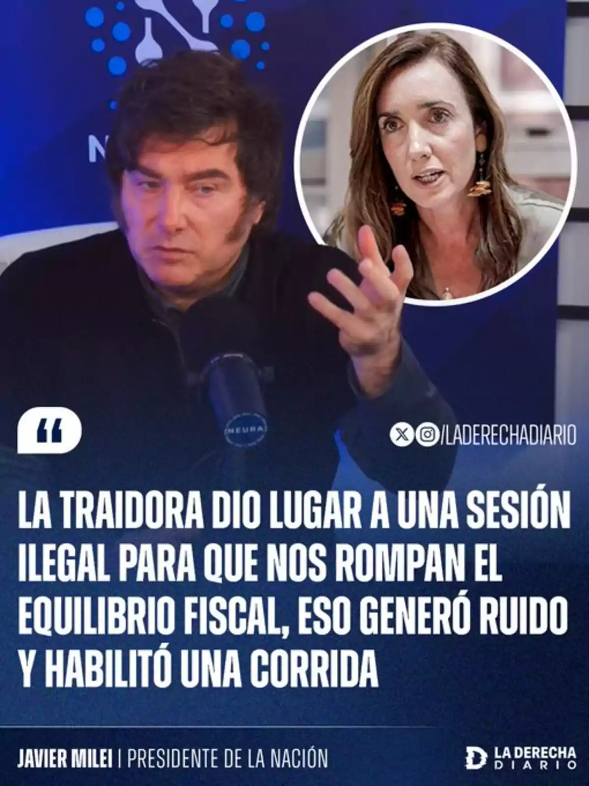 Un hombre hablando en un estudio de radio con el rostro de una mujer en un círculo y una cita textual sobre una sesión ilegal y equilibrio fiscal en letras blancas sobre fondo azul Un hombre hablando en un estudio de radio con el rostro de una mujer en un círculo y una cita textual sobre una sesión ilegal y equilibrio fiscal en letras blancas sobre fondo azul