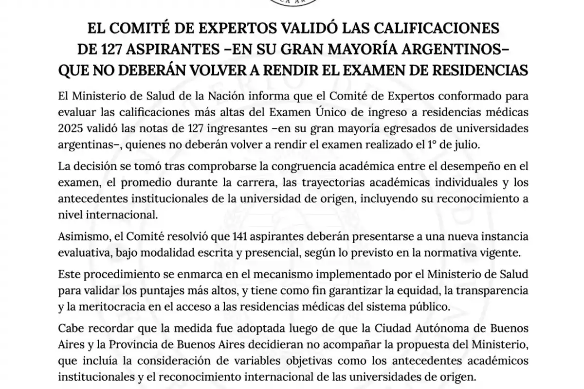 Statement from the National Ministry of Health regarding the validation of qualifications for 127 medical residency applicants, who will not have to retake the exam, and the decision that another 141 applicants will have to undergo a new evaluation process. Statement from the National Ministry of Health regarding the validation of qualifications for 127 medical residency applicants, who will not have to retake the exam, and the decision that another 141 applicants will have to undergo a new evaluation process.