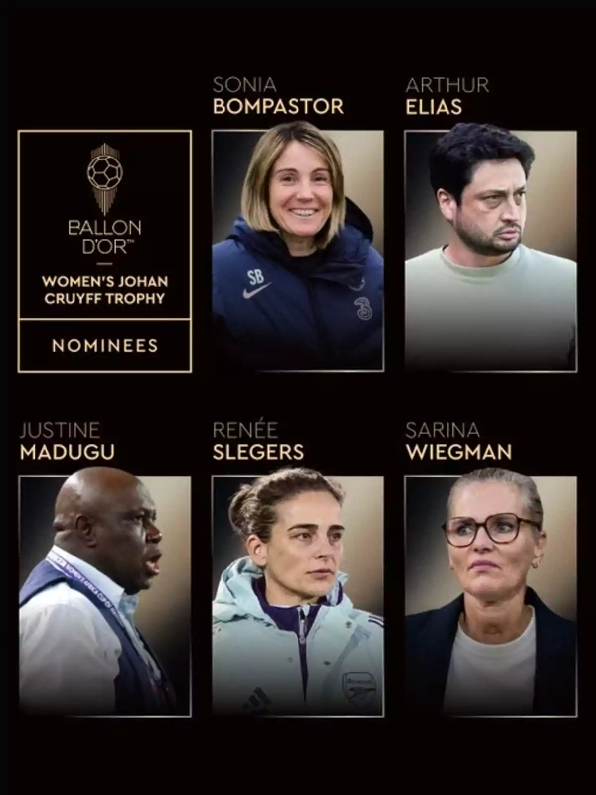 Cinco entrenadores nominados al trofeo Women's Johan Cruyff del Balón de Oro aparecen en la imagen, cada uno con su nombre y fotografía sobre un fondo negro. Cinco entrenadores nominados al trofeo Women's Johan Cruyff del Balón de Oro aparecen en la imagen, cada uno con su nombre y fotografía sobre un fondo negro.