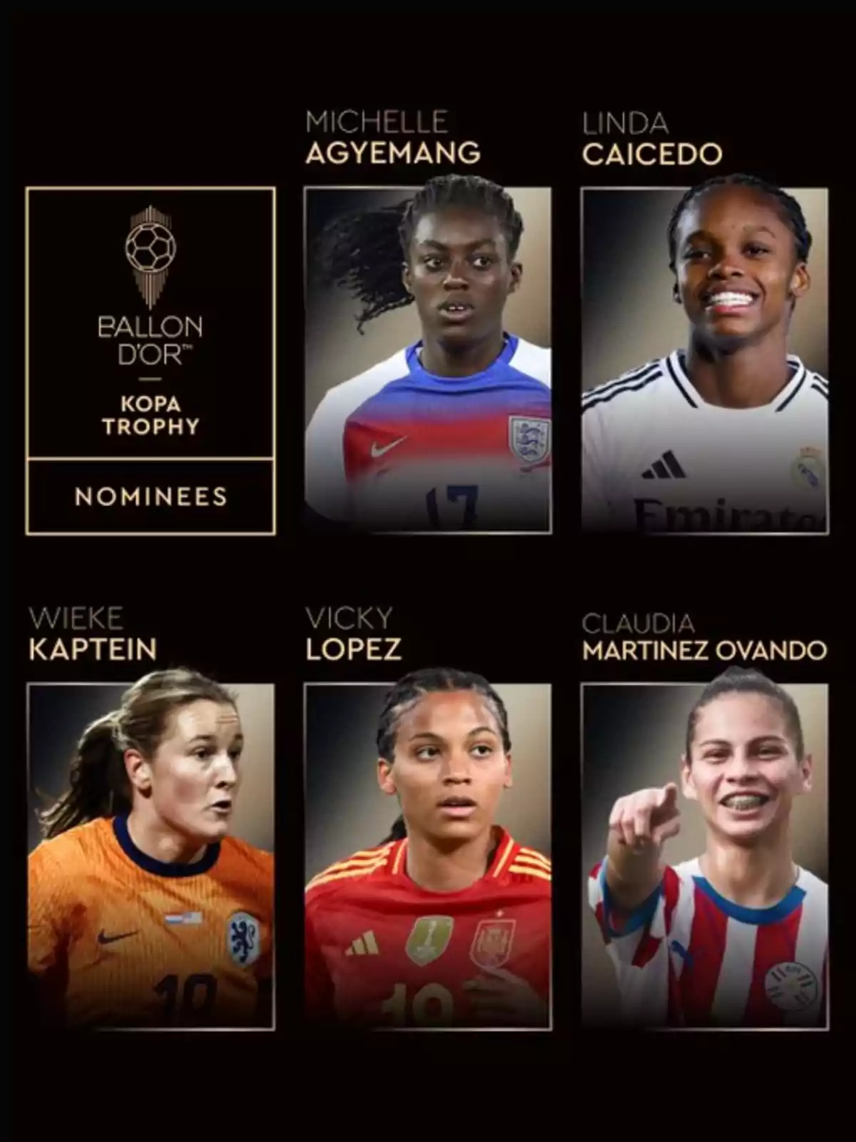 Imagen con fondo negro que muestra a cinco futbolistas nominadas al trofeo Kopa del Balón de Oro, con sus nombres y fotos, entre ellas Michelle Agyemang, Linda Caicedo, Wieke Kaptein, Vicky López y Claudia Martínez Ovando Imagen con fondo negro que muestra a cinco futbolistas nominadas al trofeo Kopa del Balón de Oro, con sus nombres y fotos, entre ellas Michelle Agyemang, Linda Caicedo, Wieke Kaptein, Vicky López y Claudia Martínez Ovando