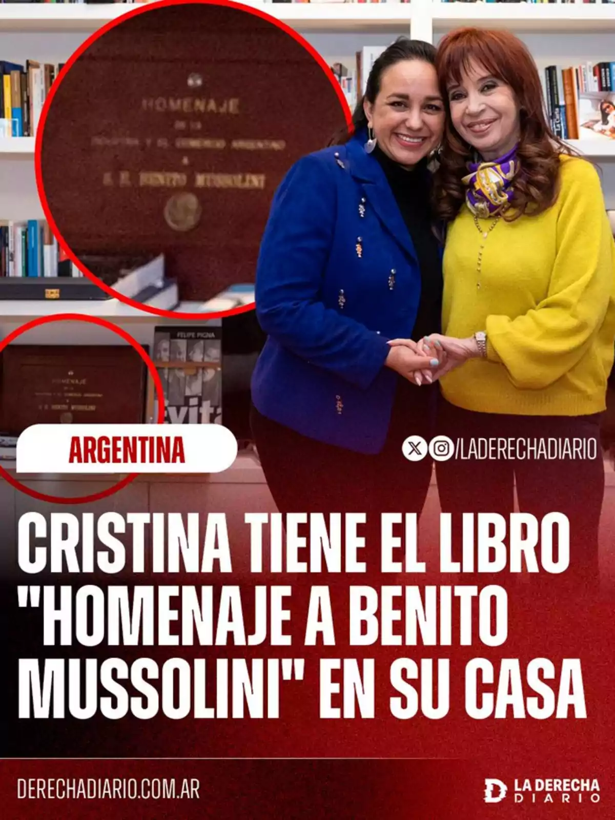Two women pose smiling and embracing in a library, with a box highlighting a book titled Two women pose smiling and embracing in a library, with a box highlighting a book titled
