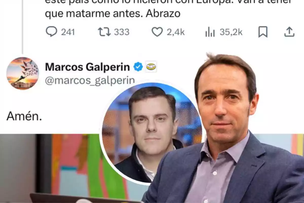 A man in a suit appears in the foreground, while in the background there is a screenshot of Twitter with a tweet and another user's reply that says "Amen."
