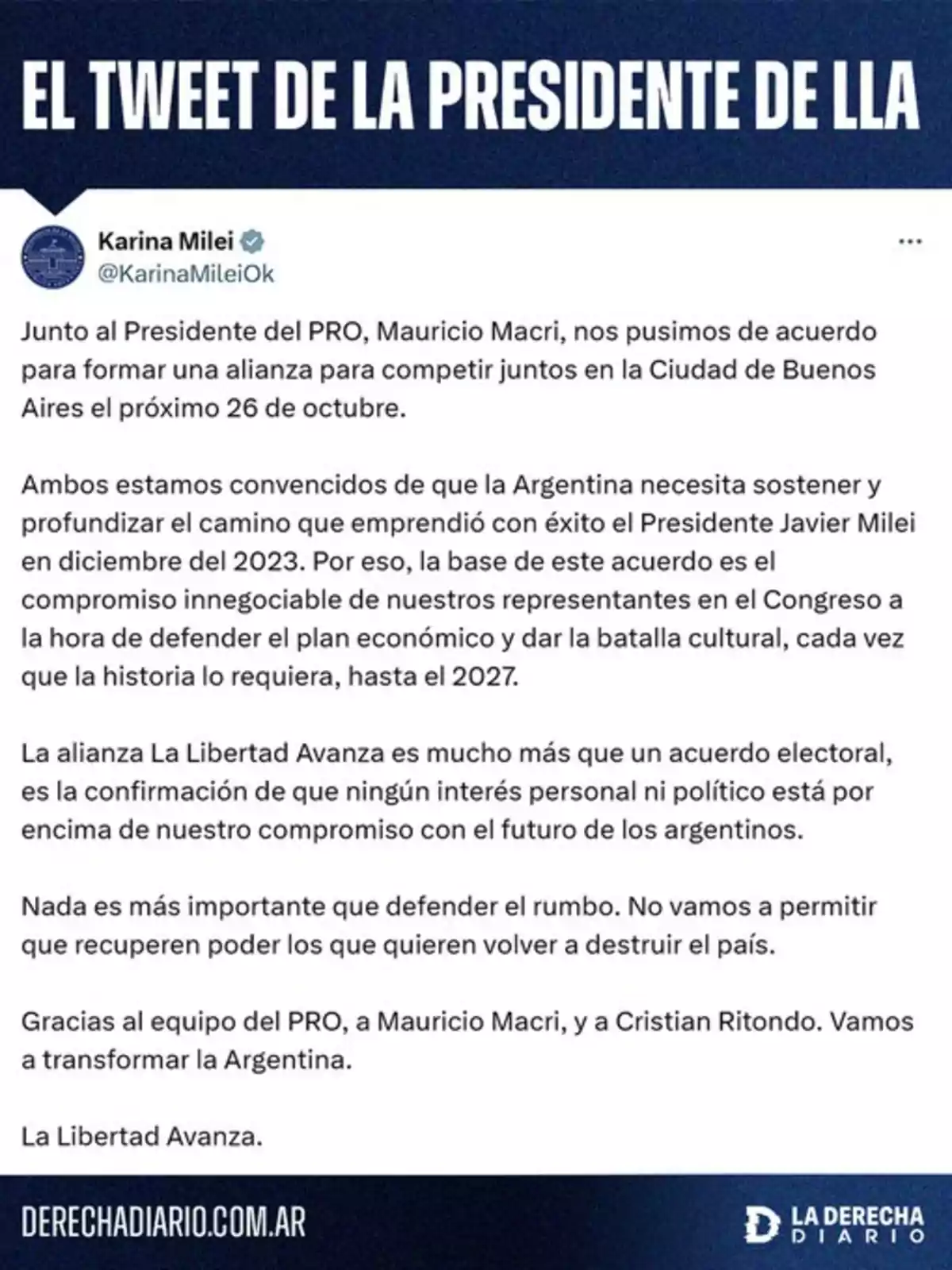 Captura de pantalla de un tuit de Karina Milei anunciando una alianza política entre La Libertad Avanza y el PRO junto a Mauricio Macri para competir en la Ciudad de Buenos Aires, destacando el compromiso de defender el rumbo económico y cultural de Argentina hasta 2027 y agradeciendo al equipo del PRO, a Mauricio Macri y a Cristian Ritondo Captura de pantalla de un tuit de Karina Milei anunciando una alianza política entre La Libertad Avanza y el PRO junto a Mauricio Macri para competir en la Ciudad de Buenos Aires, destacando el compromiso de defender el rumbo económico y cultural de Argentina hasta 2027 y agradeciendo al equipo del PRO, a Mauricio Macri y a Cristian Ritondo