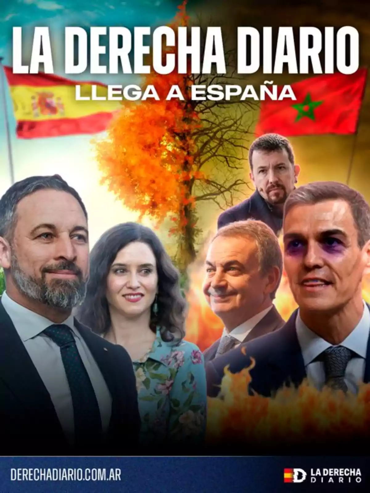 Portada de un medio digital con el título La Derecha Diario llega a España, mostrando a varias figuras políticas españolas sobre un fondo dividido entre una bandera de España y una de Marruecos, con fuego y árboles quemados en el centro Portada de un medio digital con el título La Derecha Diario llega a España, mostrando a varias figuras políticas españolas sobre un fondo dividido entre una bandera de España y una de Marruecos, con fuego y árboles quemados en el centro