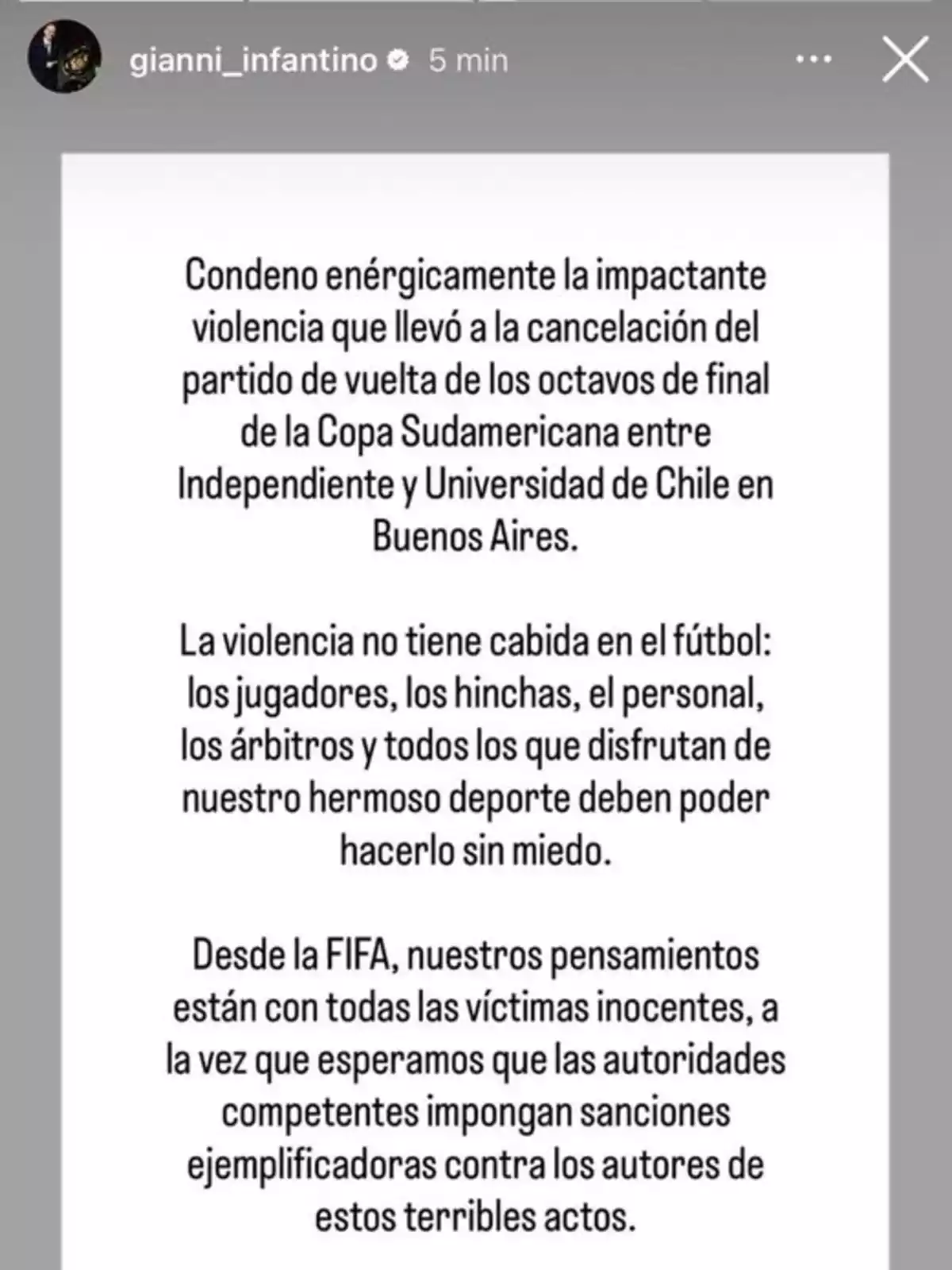 Social media post with a message condemning the violence that occurred during a Copa Sudamericana match between Independiente and Universidad de Chile in Buenos Aires and calling for exemplary sanctions for those responsible Social media post with a message condemning the violence that occurred during a Copa Sudamericana match between Independiente and Universidad de Chile in Buenos Aires and calling for exemplary sanctions for those responsible