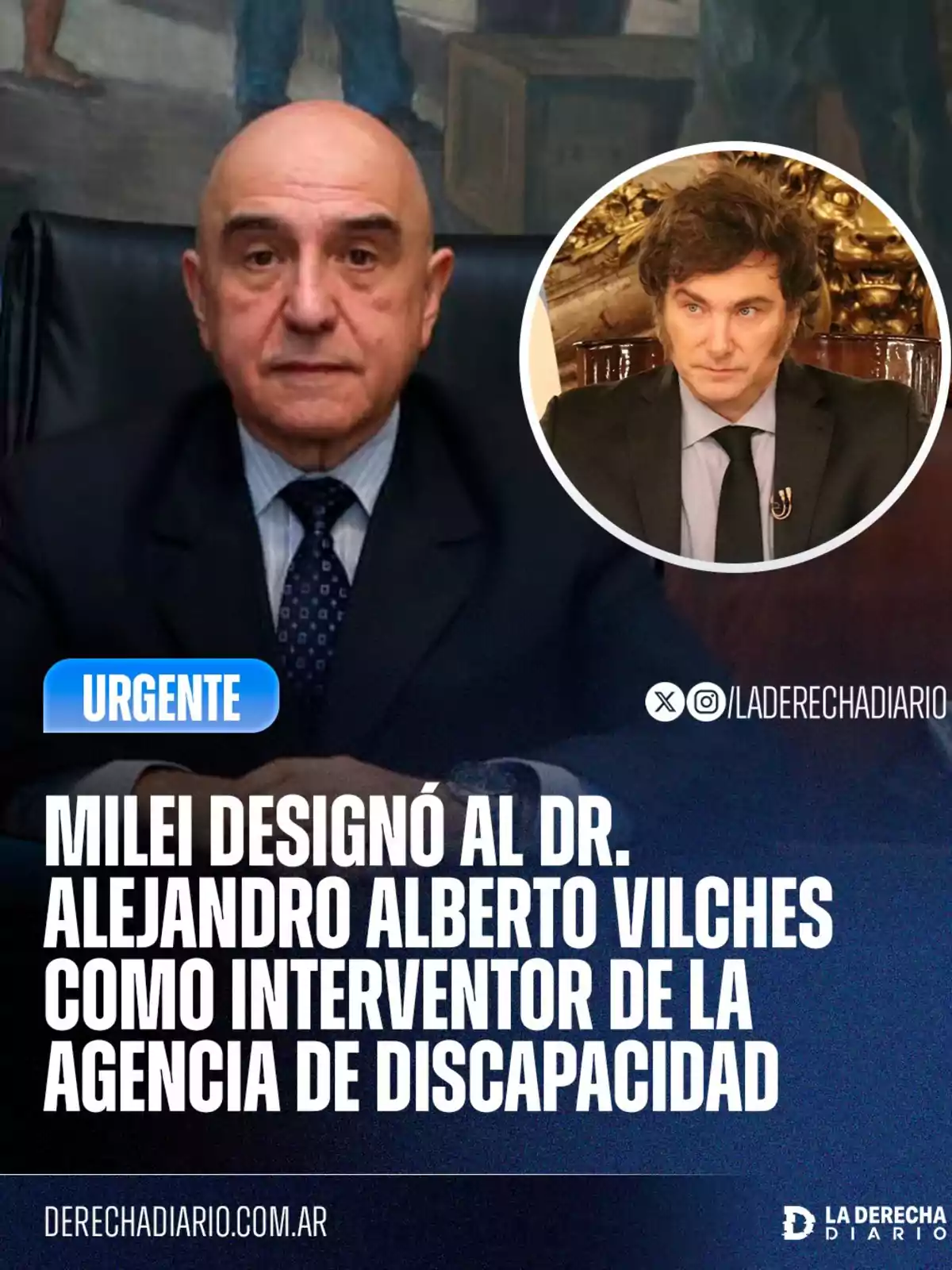 Un hombre calvo con traje oscuro está sentado frente a un escritorio y en la esquina superior derecha aparece una foto circular de otro hombre con cabello castaño y rizado, ambos relacionados con la noticia sobre la designación de Alejandro Alberto Vilches como interventor de la Agencia de Discapacidad Un hombre calvo con traje oscuro está sentado frente a un escritorio y en la esquina superior derecha aparece una foto circular de otro hombre con cabello castaño y rizado, ambos relacionados con la noticia sobre la designación de Alejandro Alberto Vilches como interventor de la Agencia de Discapacidad