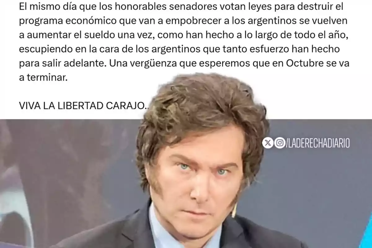 Curly-haired man in a dark jacket looking seriously at the camera with a critical text about economic and political decisions in Argentina, accompanied by the phrase "Long live freedom, damn it."