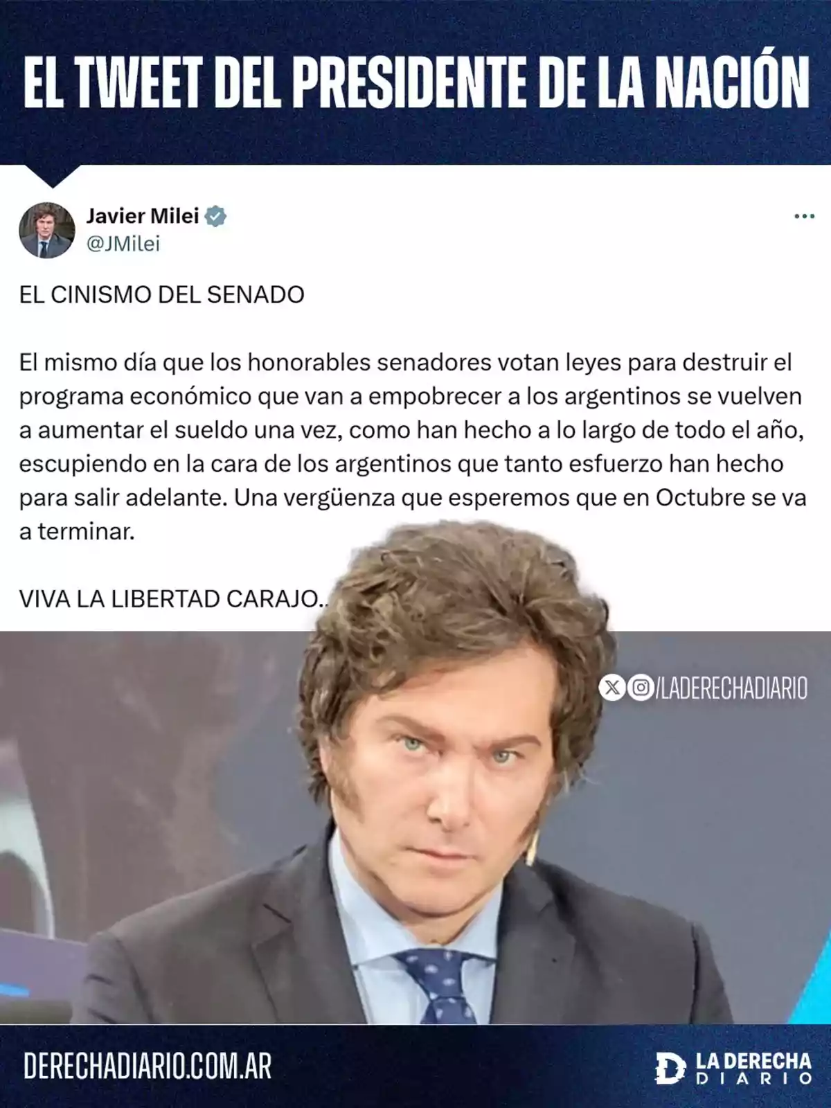 Image featuring a tweet from Javier Milei criticizing the Argentine Senate for raising their salaries and a photo of him with a serious expression, accompanied by the La Derecha Diario logo Image featuring a tweet from Javier Milei criticizing the Argentine Senate for raising their salaries and a photo of him with a serious expression, accompanied by the La Derecha Diario logo