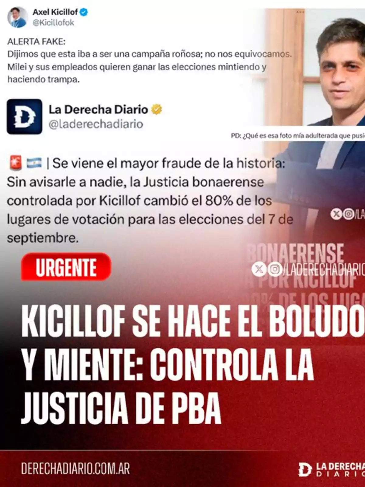 Imagen con un tuit de Axel Kicillof desmintiendo una noticia y una publicación de La Derecha Diario acusando a Kicillof de controlar la justicia bonaerense y cambiar lugares de votación, acompañada de un titular en letras grandes que lo acusa de mentir y manipular la justicia en la provincia de Buenos Aires