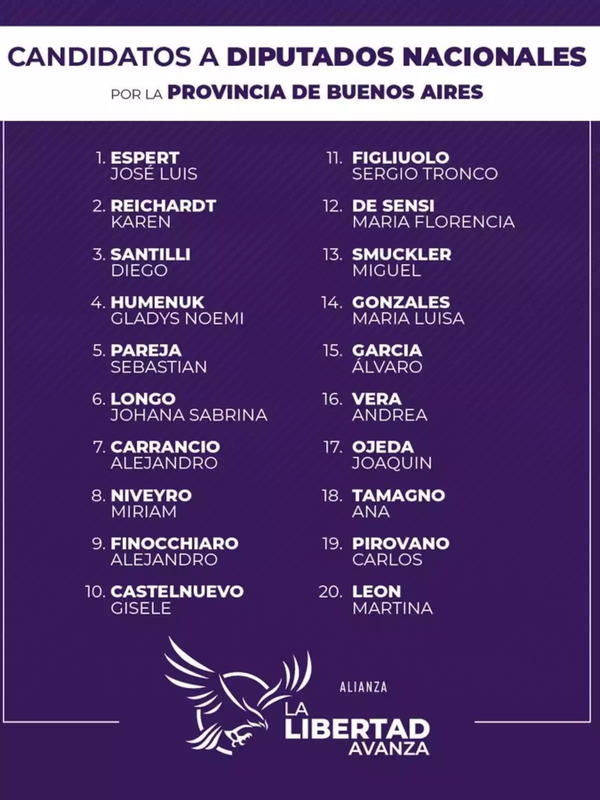 List of national deputy candidates for the province of Buenos Aires from the La Libertad Avanza alliance on a purple background with a white eagle at the bottom List of national deputy candidates for the province of Buenos Aires from the La Libertad Avanza alliance on a purple background with a white eagle at the bottom