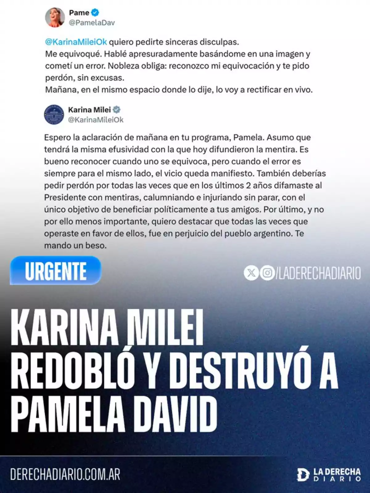 Image with screenshots of tweets between Pamela David and Karina Milei, where Pamela apologizes and Karina responds, accompanied by a headline that says Image with screenshots of tweets between Pamela David and Karina Milei, where Pamela apologizes and Karina responds, accompanied by a headline that says
