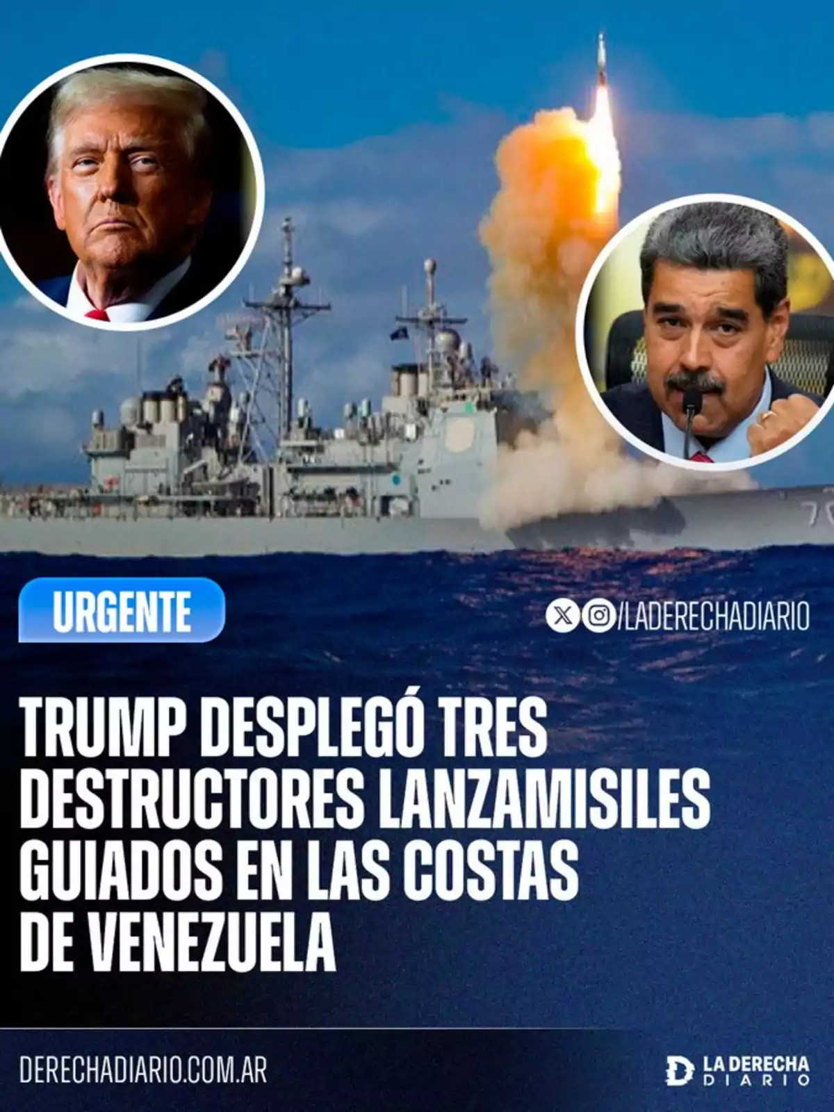 A warship launches a missile into the sea as the faces of two men appear and a headline reports on the deployment of destroyers off the coast of Venezuela. A warship launches a missile into the sea as the faces of two men appear and a headline reports on the deployment of destroyers off the coast of Venezuela.