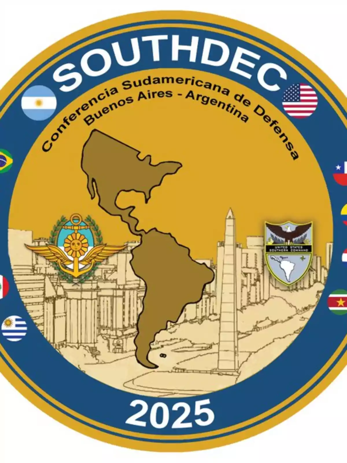 Logo circular de la Conferencia Sudamericana de Defensa 2025 en Buenos Aires con un mapa de Sudamérica, banderas de varios países y el Obelisco de fondo Logo circular de la Conferencia Sudamericana de Defensa 2025 en Buenos Aires con un mapa de Sudamérica, banderas de varios países y el Obelisco de fondo