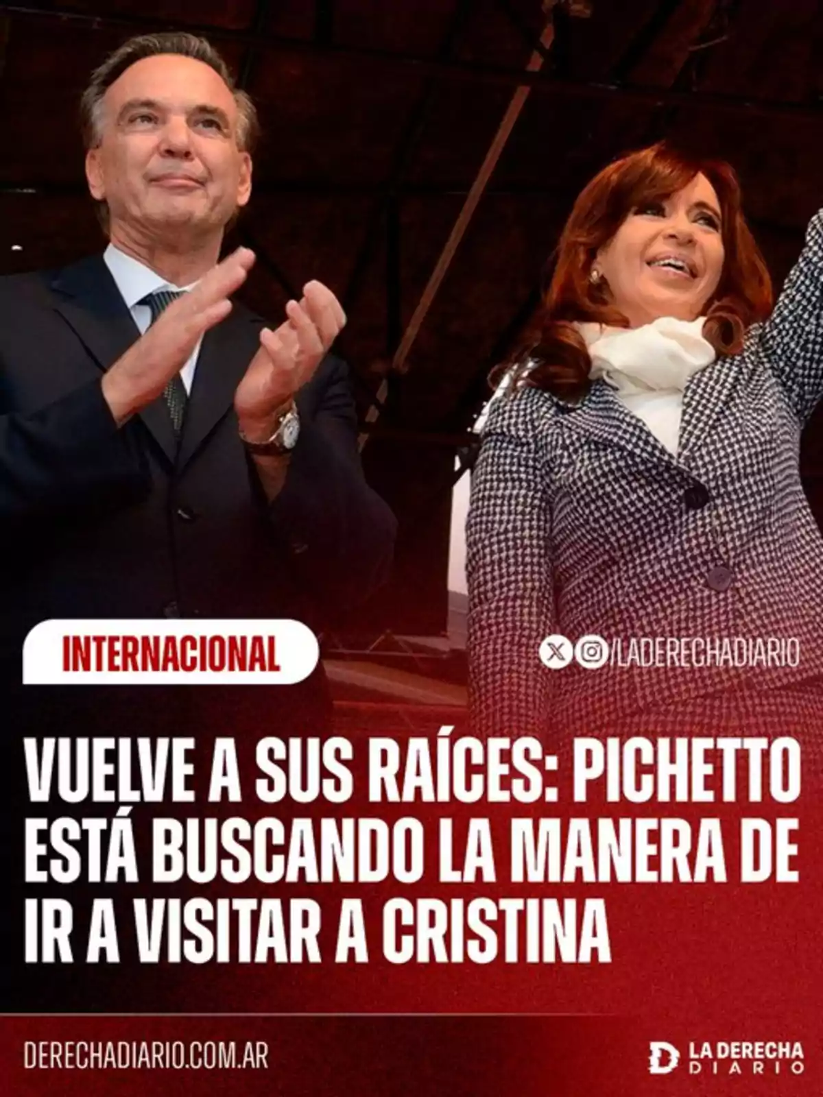 Two people smile and wave at an event while a headline at the bottom mentions that Pichetto is looking for a way to go visit Cristina. Two people smile and wave at an event while a headline at the bottom mentions that Pichetto is looking for a way to go visit Cristina.