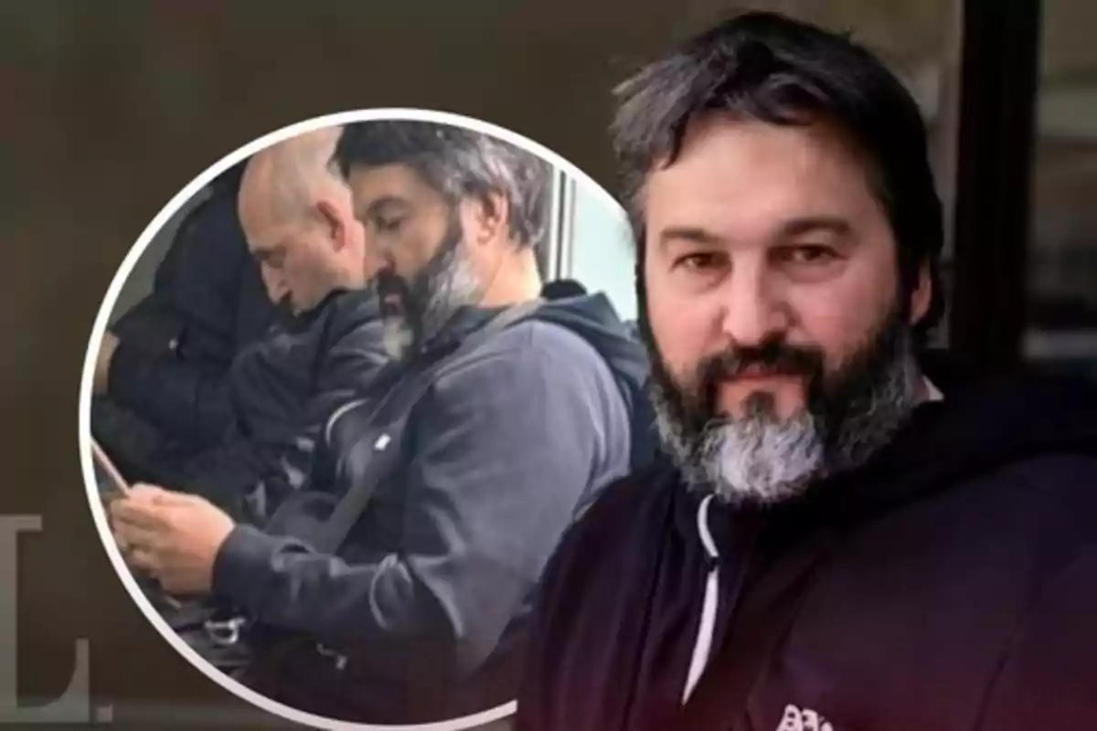 Hombre de barba y cabello oscuro con sudadera negra mirando a la cámara y en un recuadro aparece sentado junto a otra persona revisando un dispositivo móvil.