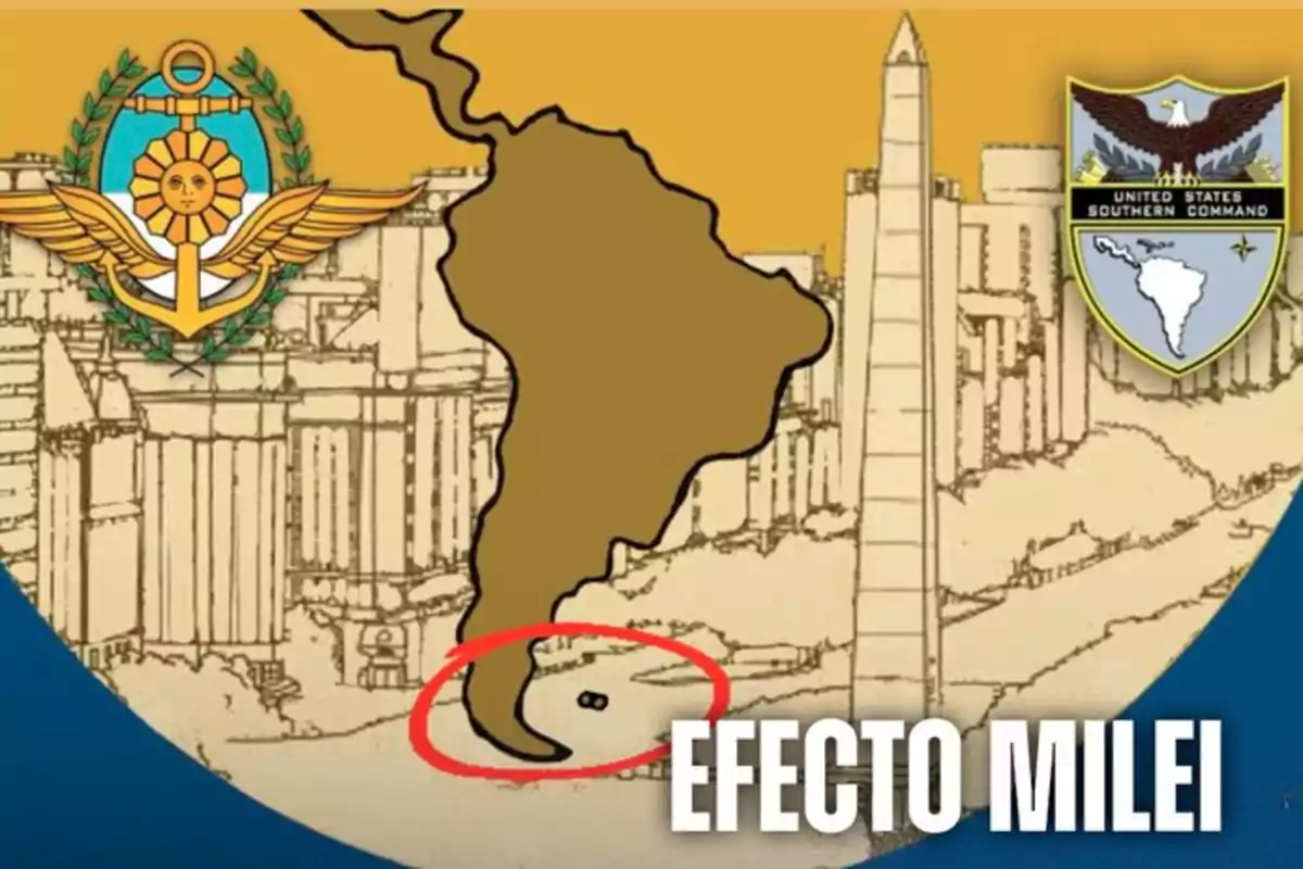 Map of South America with the Obelisk of Buenos Aires in the background, two military crests at the top, and the phrase "Milei Effect" in the lower right corner