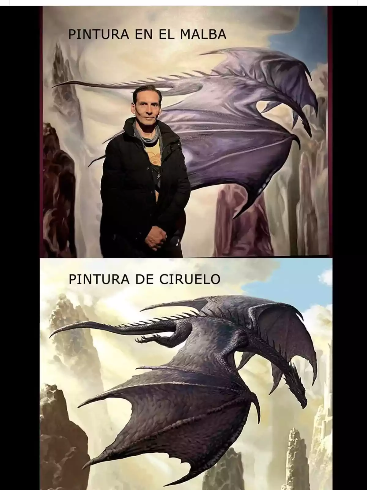 Comparación entre una pintura de un dragón exhibida en un museo y una pintura de un dragón realizada por el artista Ciruelo, mostrando diferencias en el estilo y nivel de detalle