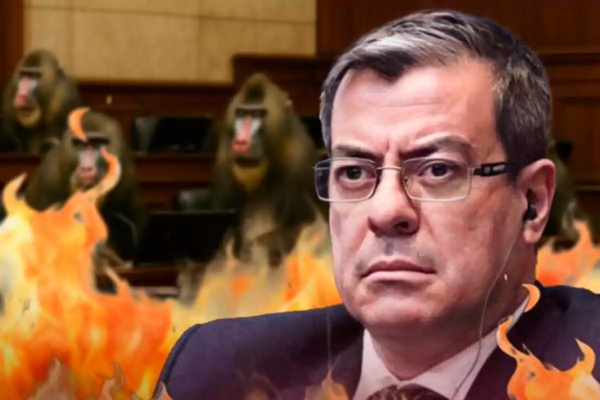 Un hombre con expresión seria al frente, llamas en primer plano y varios babuinos sentados en un fondo que parece un recinto oficial