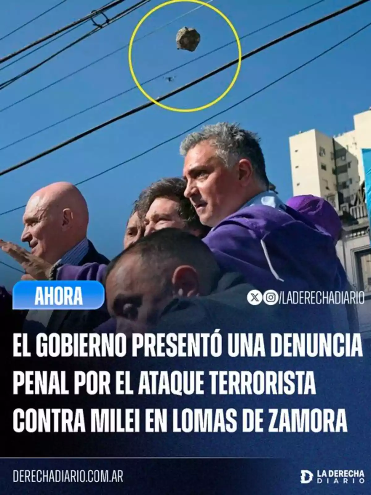A group of people takes cover as a rock flies over them, with a headline reporting a criminal complaint over an attack against Milei in Lomas de Zamora. A group of people takes cover as a rock flies over them, with a headline reporting a criminal complaint over an attack against Milei in Lomas de Zamora.