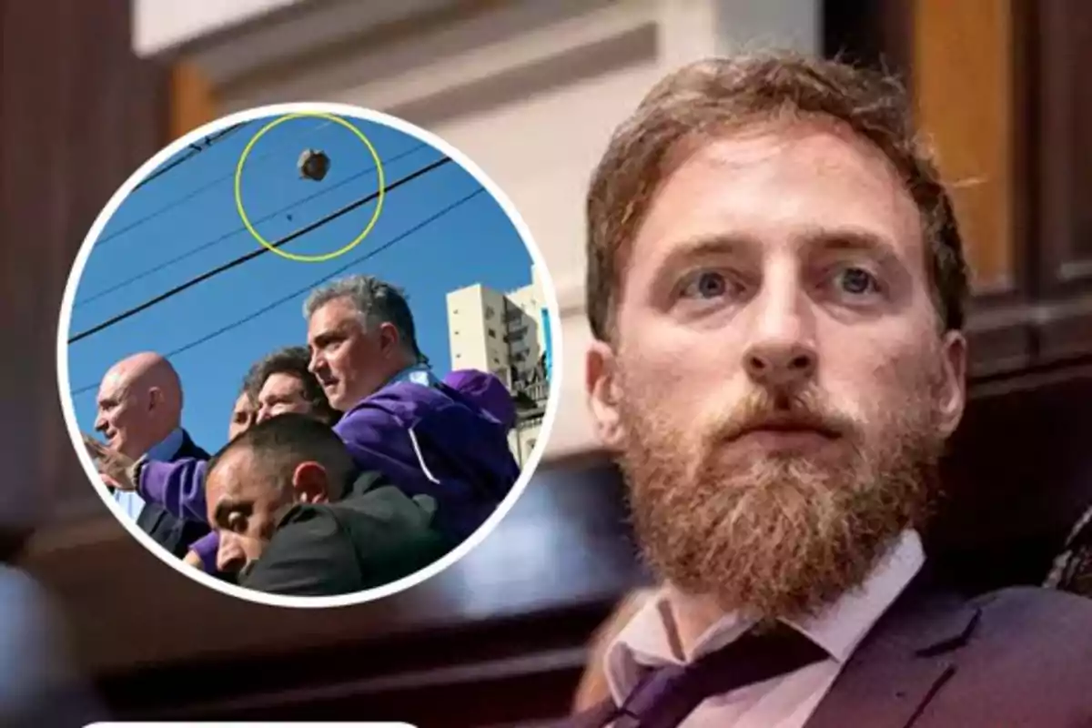 Bearded man in a suit looking forward with a superimposed image of a group of people on the street and a stone flying through the air highlighted with a yellow circle
