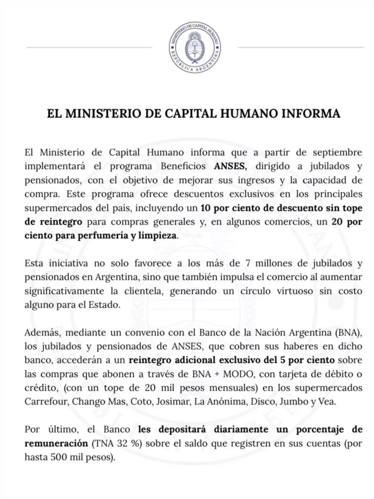 Comunicado oficial del Ministerio de Capital Humano de Argentina anunciando descuentos y reintegros para jubilados y pensionados en supermercados y perfumerías, junto con beneficios adicionales para quienes cobren sus haberes en el Banco Nación. Comunicado oficial del Ministerio de Capital Humano de Argentina anunciando descuentos y reintegros para jubilados y pensionados en supermercados y perfumerías, junto con beneficios adicionales para quienes cobren sus haberes en el Banco Nación.