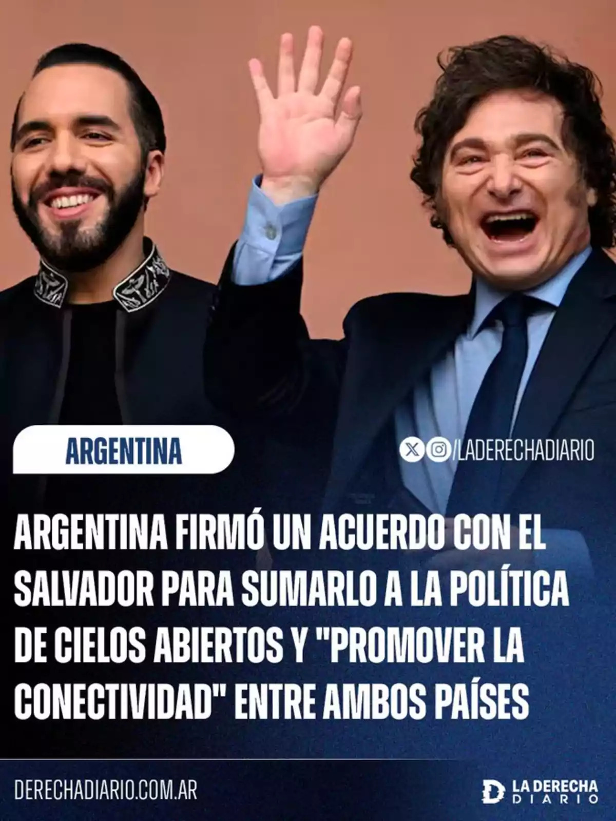 Two smiling men, one of them raising his hand, next to a text announcing an agreement between Argentina and El Salvador to promote air connectivity between the two countries. Two smiling men, one of them raising his hand, next to a text announcing an agreement between Argentina and El Salvador to promote air connectivity between the two countries.