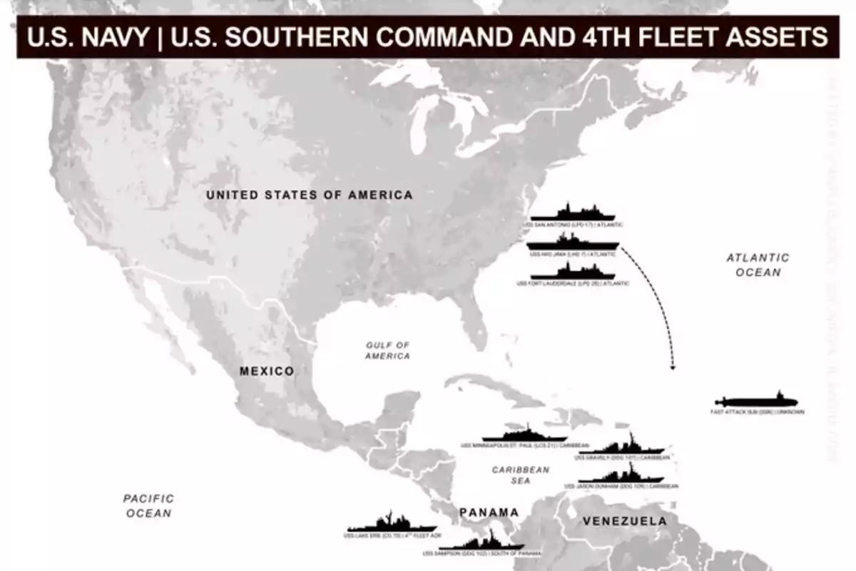 Mapa en blanco y negro que muestra la ubicación de activos navales de la Marina de Estados Unidos en el Atlántico, el Caribe y cerca de Centroamérica, con siluetas de barcos y un submarino señalados en diferentes puntos del mapa Mapa en blanco y negro que muestra la ubicación de activos navales de la Marina de Estados Unidos en el Atlántico, el Caribe y cerca de Centroamérica, con siluetas de barcos y un submarino señalados en diferentes puntos del mapa