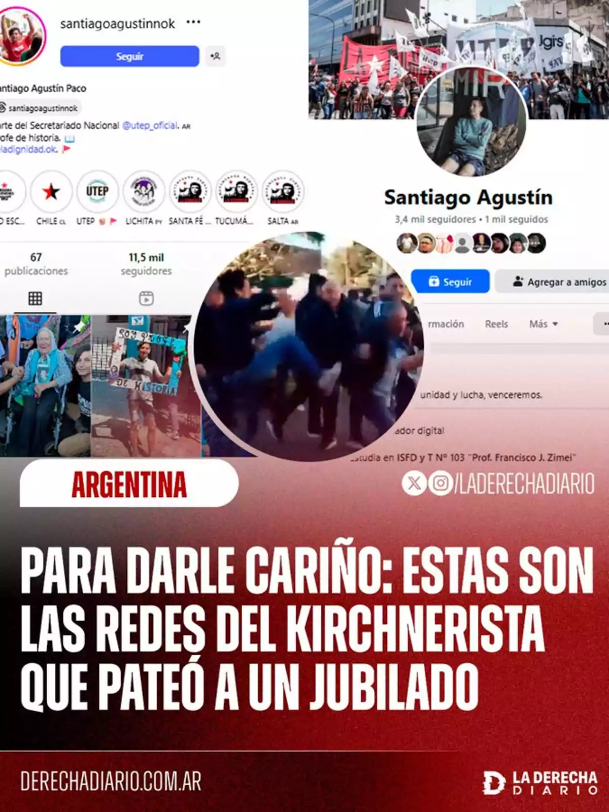 Screenshot showing social media profiles of a person named Santiago Agustín alongside a photo of a protest and a blurry image of an altercation, with text at the bottom that says Screenshot showing social media profiles of a person named Santiago Agustín alongside a photo of a protest and a blurry image of an altercation, with text at the bottom that says