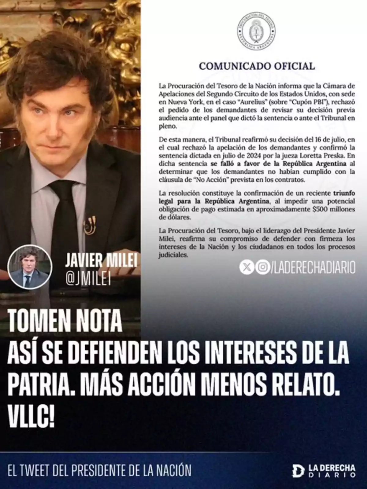 Javier Milei aparece junto a un comunicado oficial sobre un fallo judicial favorable a Argentina en Nueva York, acompañado de un mensaje que destaca la defensa de los intereses nacionales y la importancia de la acción sobre el discurso Javier Milei aparece junto a un comunicado oficial sobre un fallo judicial favorable a Argentina en Nueva York, acompañado de un mensaje que destaca la defensa de los intereses nacionales y la importancia de la acción sobre el discurso