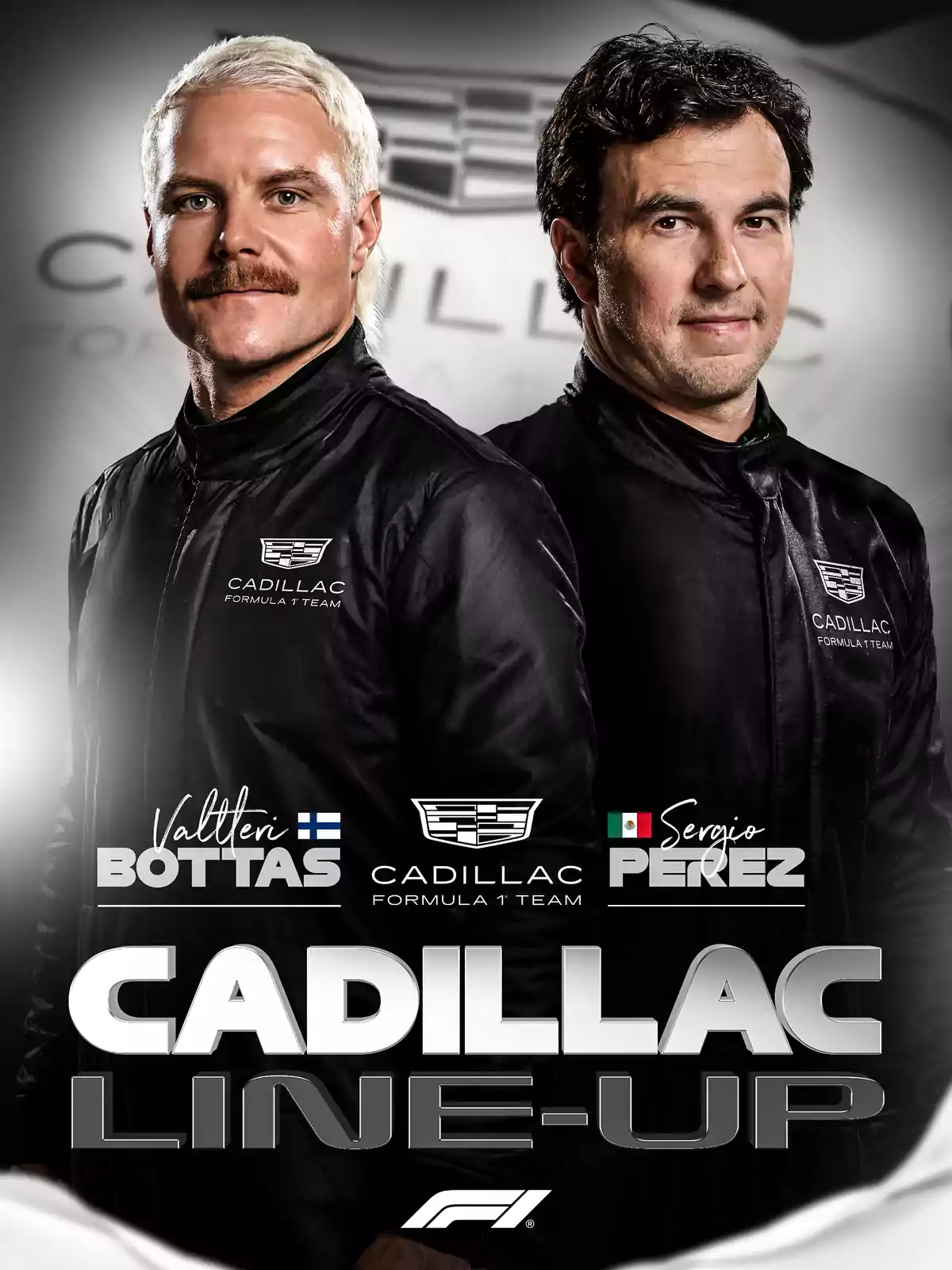 Dos pilotos con uniformes negros de Cadillac posan juntos frente a un fondo difuminado con el logo de la escudería y el texto Cadillac Line-Up en la parte inferior Dos pilotos con uniformes negros de Cadillac posan juntos frente a un fondo difuminado con el logo de la escudería y el texto Cadillac Line-Up en la parte inferior