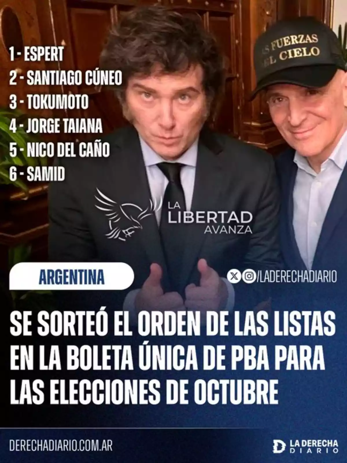 Dos hombres posan juntos, uno de ellos con saco y corbata y el otro con una gorra negra que tiene letras doradas, junto a un listado de nombres y un texto sobre el sorteo del orden de las listas para las elecciones de octubre en Argentina Dos hombres posan juntos, uno de ellos con saco y corbata y el otro con una gorra negra que tiene letras doradas, junto a un listado de nombres y un texto sobre el sorteo del orden de las listas para las elecciones de octubre en Argentina