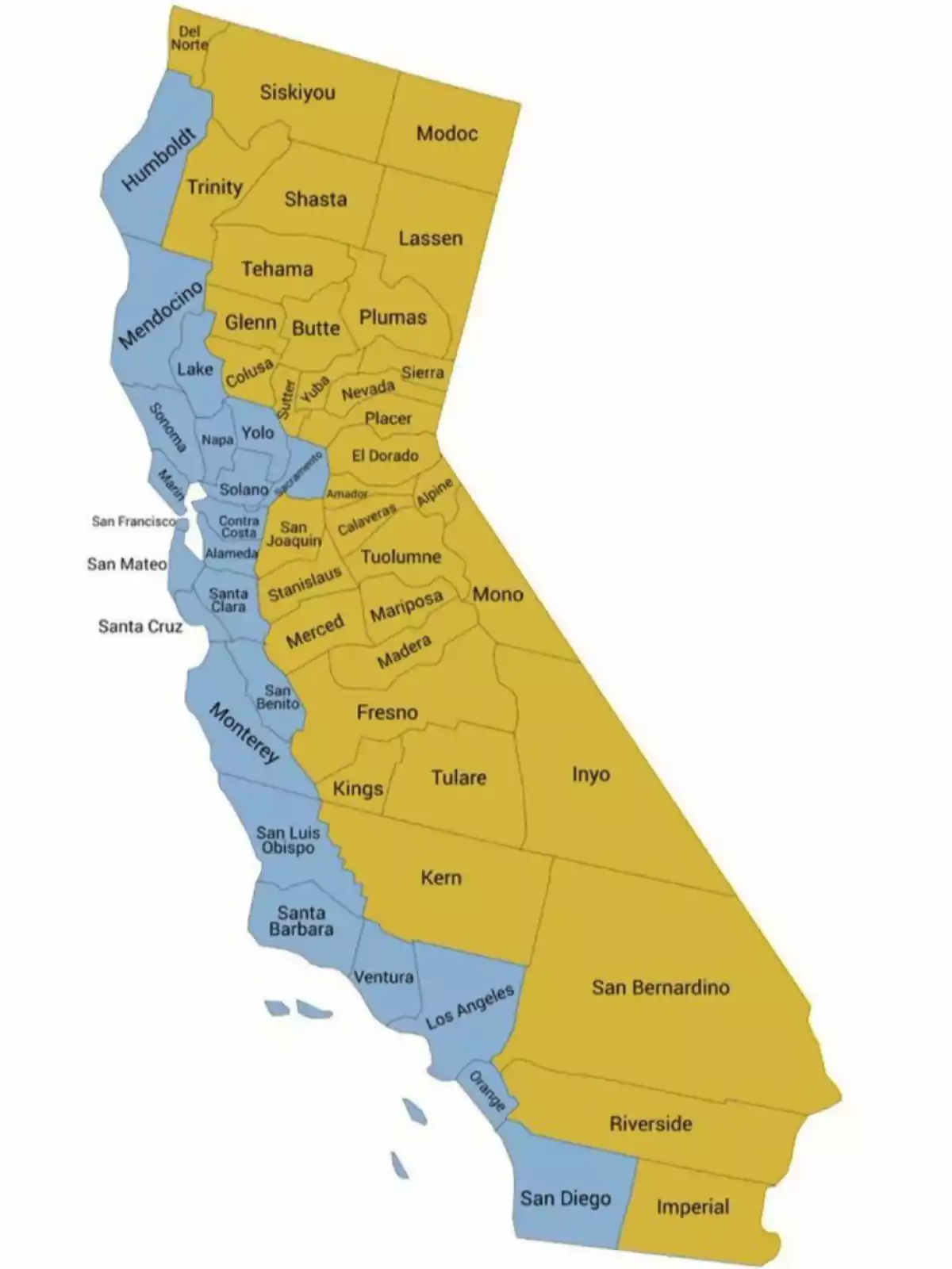 Map of the state of California divided by counties in two colors, blue and yellow, showing the difference between coastal and inland regions Map of the state of California divided by counties in two colors, blue and yellow, showing the difference between coastal and inland regions