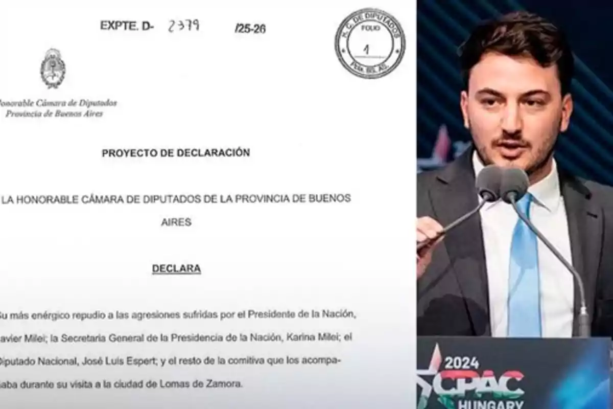 Official document of the Chamber of Deputies of the Province of Buenos Aires alongside a man in a suit and light blue tie speaking at a podium with microphones