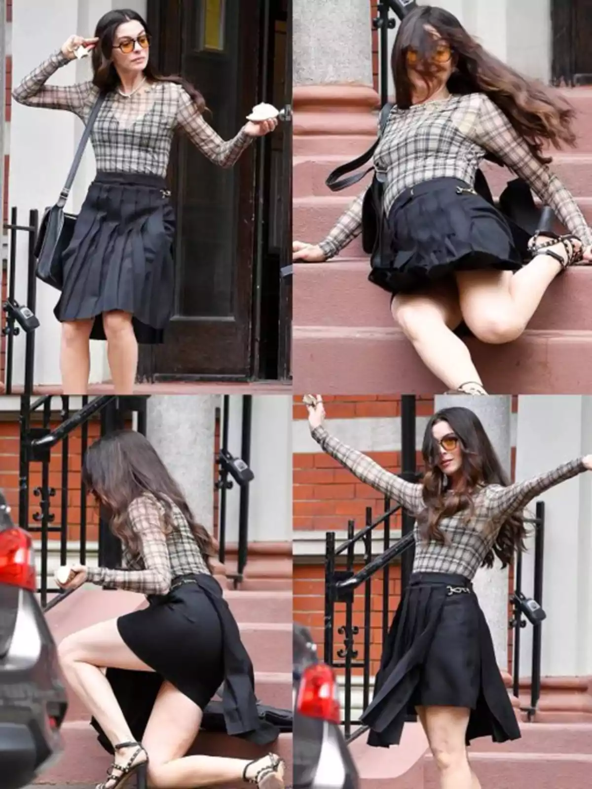 Woman with sunglasses and a black skirt tripping and falling on the stairs at the entrance of a building, showing different moments of the fall and getting up with a playful attitude Woman with sunglasses and a black skirt tripping and falling on the stairs at the entrance of a building, showing different moments of the fall and getting up with a playful attitude