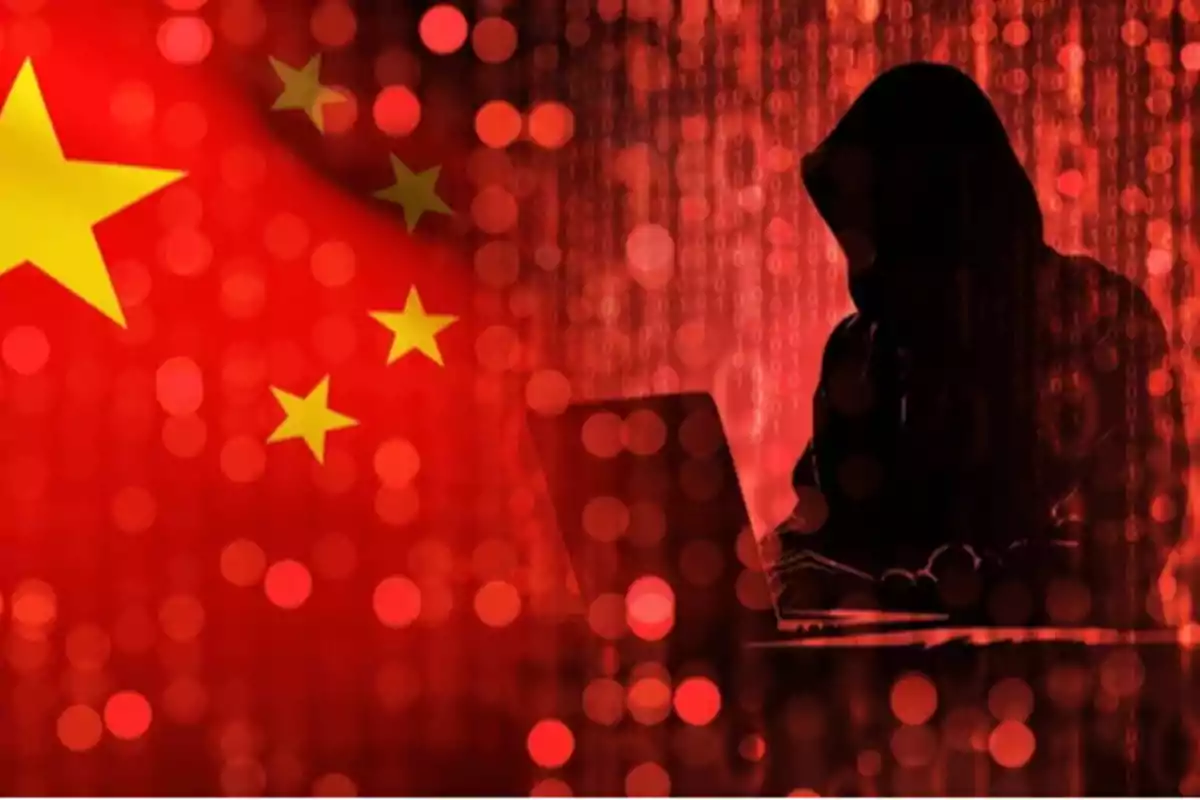 Hooded person using a laptop with the Chinese flag in the background and an effect of red lights and binary numbers. Hooded person using a laptop with the Chinese flag in the background and an effect of red lights and binary numbers.