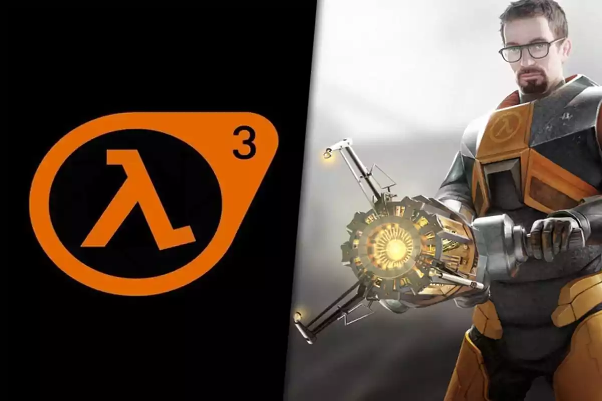 Logo naranja de Half-Life con el número tres y un personaje con gafas y armadura sosteniendo un arma futurista