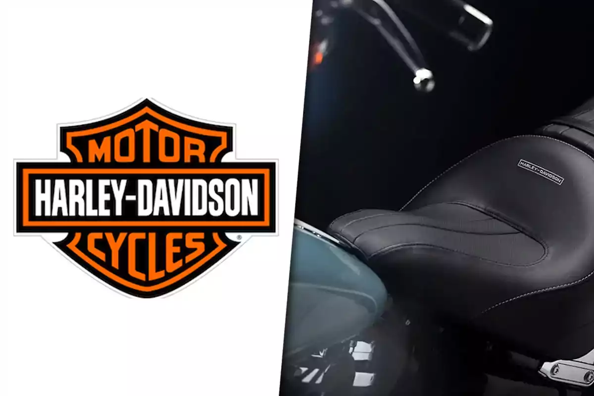 Logotipo de Harley-Davidson junto a un asiento de motocicleta Harley-Davidson negro