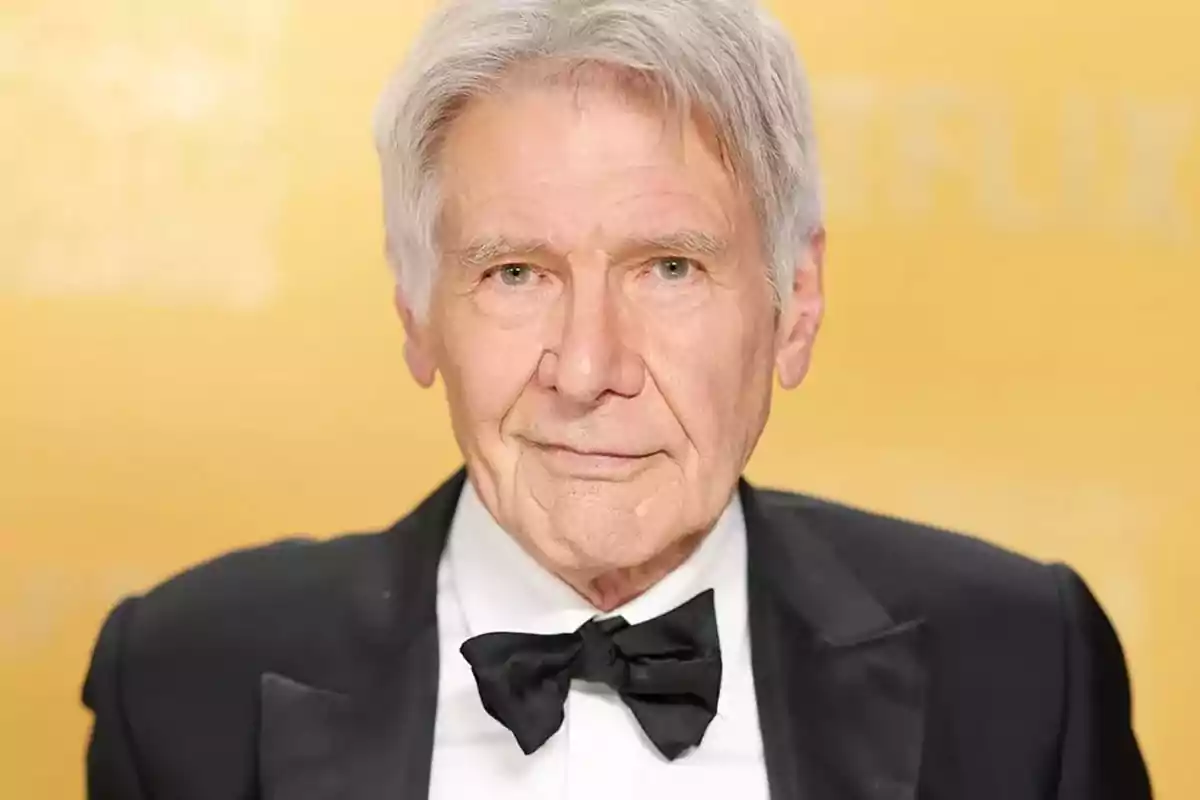 Older man with gray hair wearing a tuxedo and black bow tie posing in front of a yellow background Older man with gray hair wearing a tuxedo and black bow tie posing in front of a yellow background