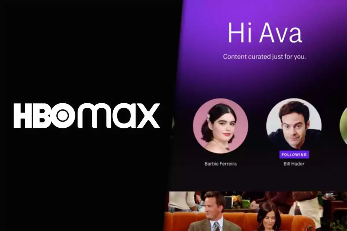 Split screen with the HBO Max logo on the left and a custom user interface on the right showing profiles and content recommendations