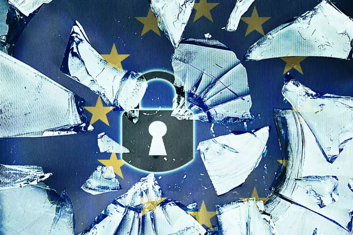 Candado iluminado rodeado de vidrios rotos sobre un fondo con estrellas amarillas de la bandera de la Unión Europea Candado iluminado rodeado de vidrios rotos sobre un fondo con estrellas amarillas de la bandera de la Unión Europea