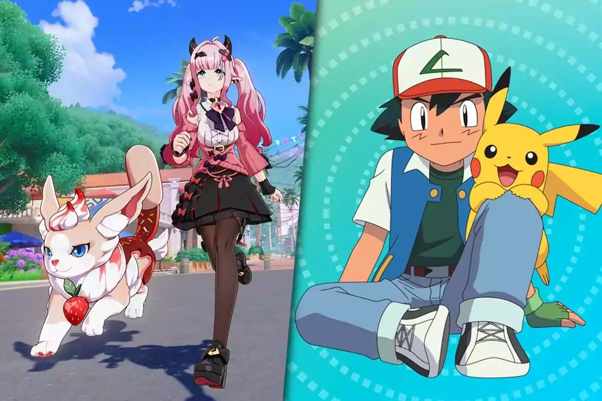 Image split into two parts: on the left, an anime girl with pink hair and a fantastic animal are running in a colorful city; on the right, an anime boy with a cap and blue vest is sitting next to a smiling yellow creature.