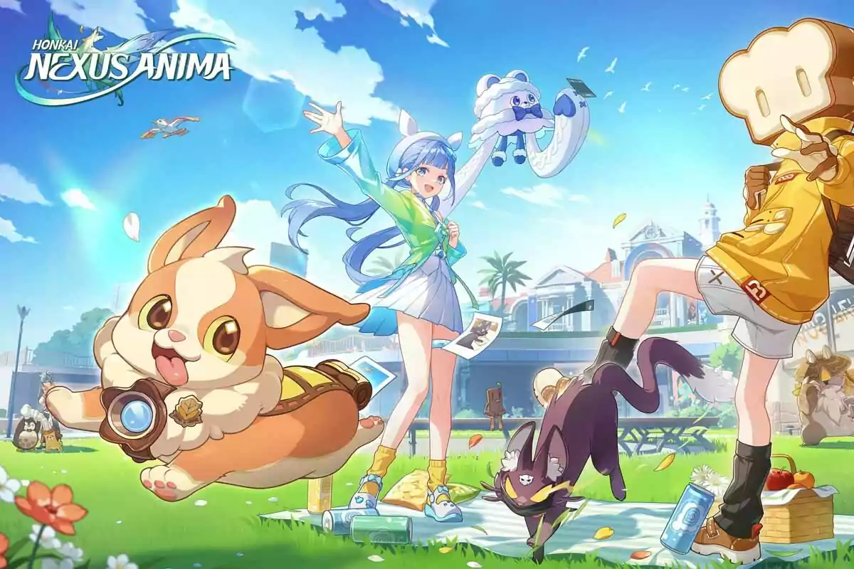 Ilustración colorida de estilo anime con una chica de cabello azul, animales adorables y un personaje con cabeza de pan disfrutando de un picnic en un parque bajo un cielo soleado Ilustración colorida de estilo anime con una chica de cabello azul, animales adorables y un personaje con cabeza de pan disfrutando de un picnic en un parque bajo un cielo soleado