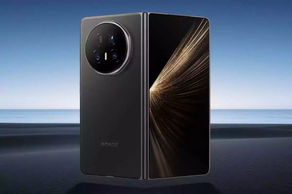 Black Honor foldable phone with a beach background and blue sky Black Honor foldable phone with a beach background and blue sky